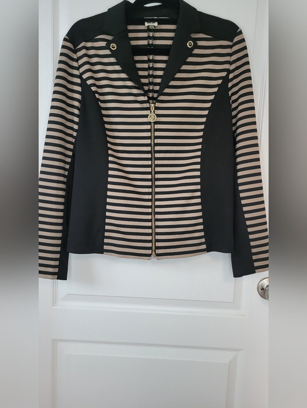 Anne Klein Knit Full Zip Jacket L Striped Black Tan Blazer Office Sire Workwear